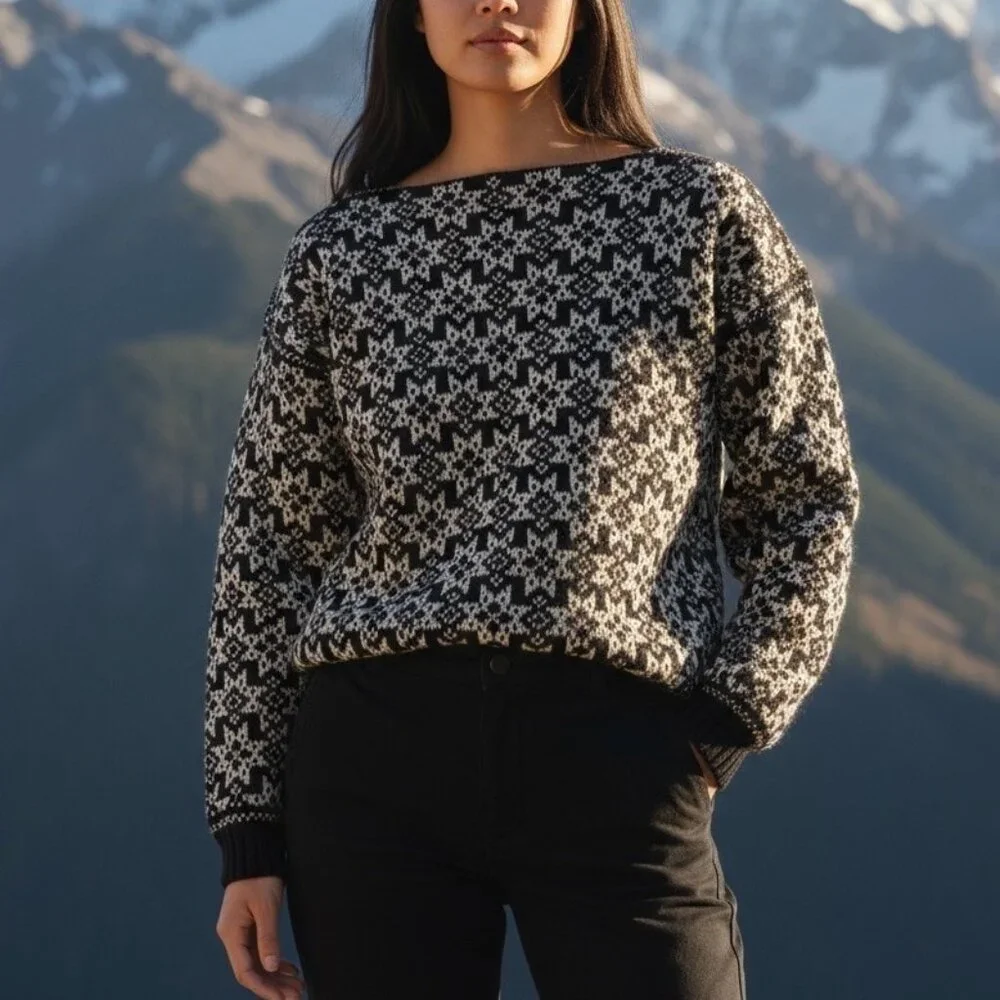 VTG VOSS Norwegian 100% Wool Ski Fair Isle Nordic Black Sweater Womens Medium - Picture 1 of 9